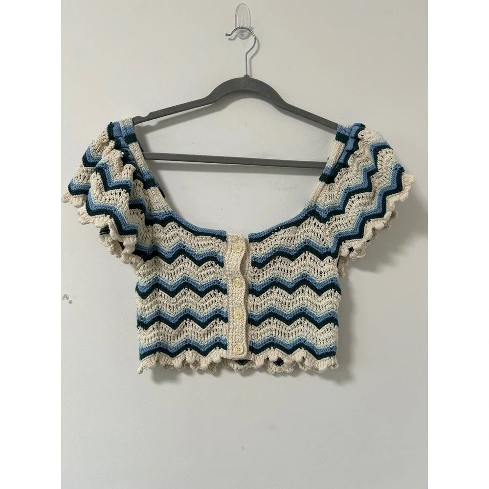 Zara Chevron Crochet Crop Top Womens Med Blue Cream Boho Zigzag Hippie